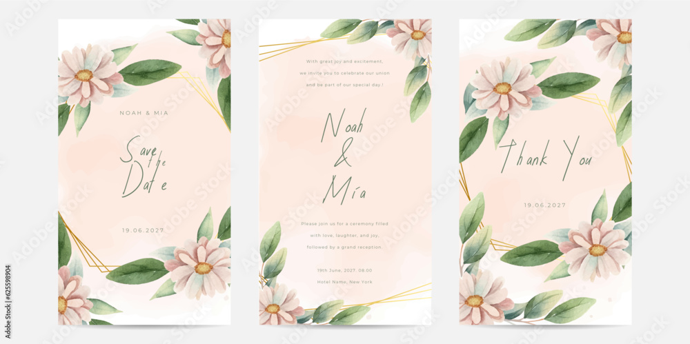 Peach watercolor lily flowers wedding invitation card template set. Garden theme wedding card invitation.