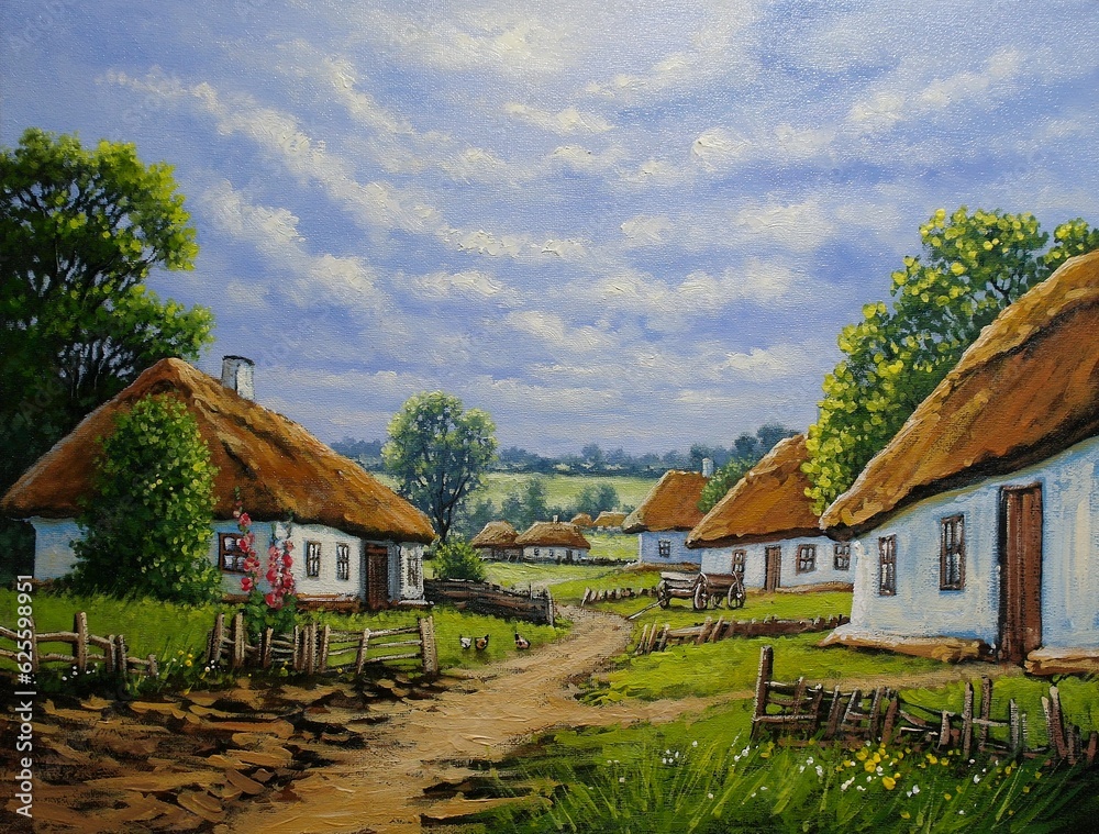 Oil paintings rural landscape, the road in old village, old houses in the village. Fine art, artwork Oil paintings rural landscape, the road in old village, old houses in the village. Fine art, artwork