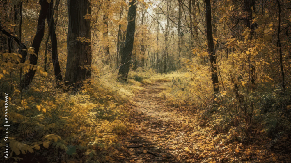 forest path in autumn with yellow leaves on the trees. forest path in autumn with yellow leaves on the trees.