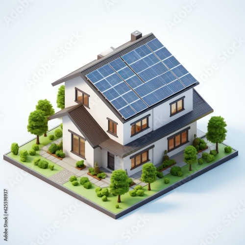 House with Solar Panels isolated on a blue background . Eco Friendly Community. Environmental. Sustainable community . Renewable energy transition concept. Made With Generative AI.  © John Martin