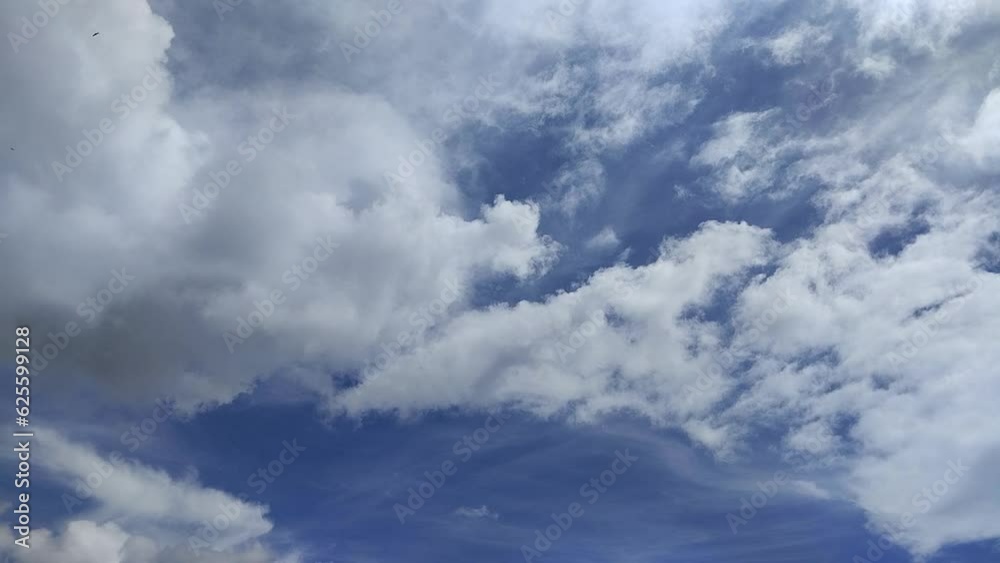 Un  cielo de azul con varias nubes  de color blanco con un movimiento lento. 