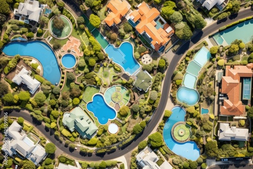 The image shows an overhead perspective of a residential cul de sac in suburban Sydney, Australia, with houses, swimming pools, and gardens.