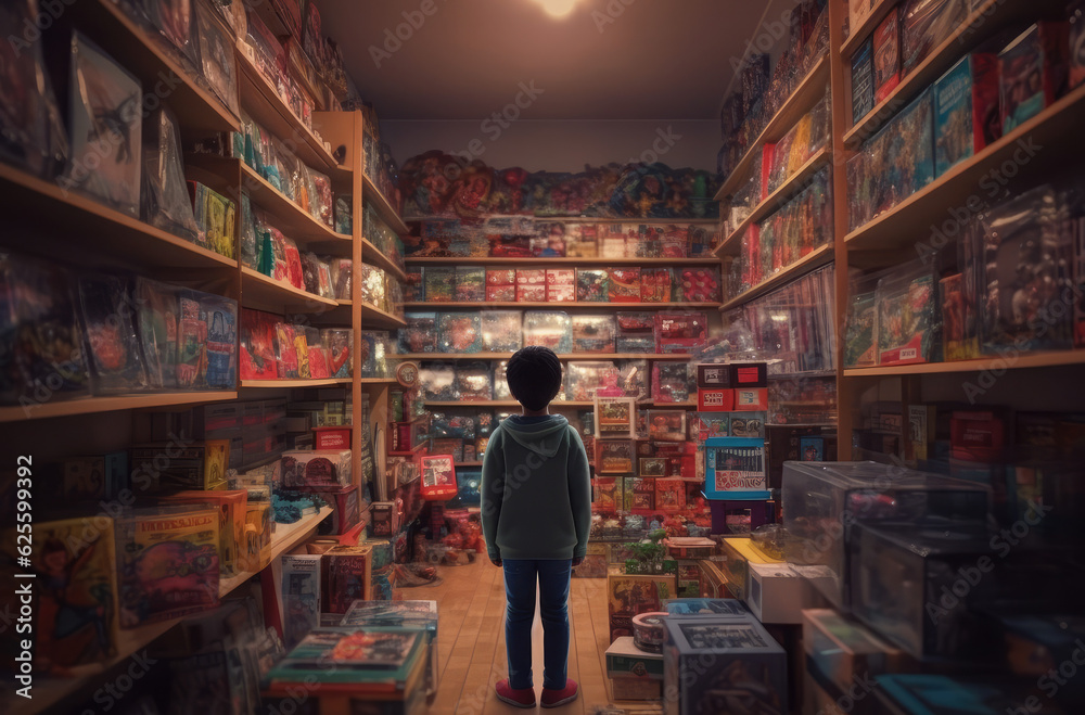 a little boy looking at toys inside a toy store, generative AI