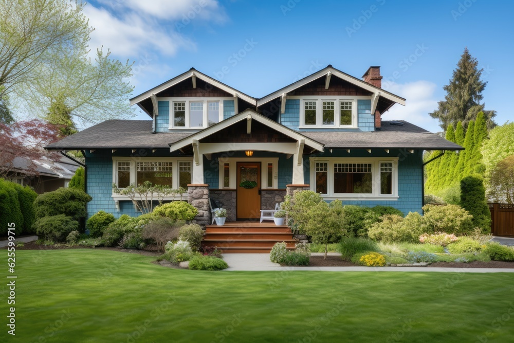 Craftsman style house with cedar exterior panels, sturdy wooden columns, a spacious porch, a deck, a lush green lawn, under a clear blue sky, and well maintained landscaping.