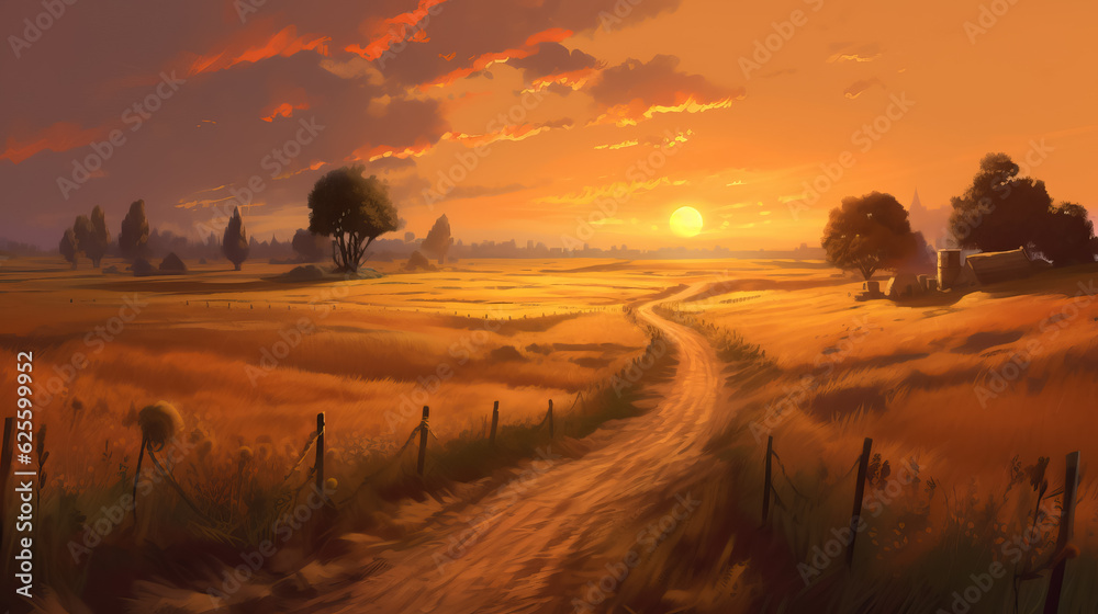 Road in field evening sunset digital painting by AI
