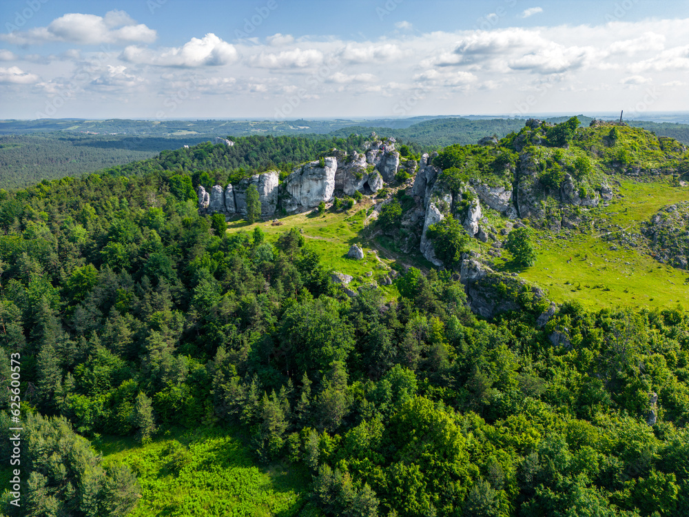 Aerial view of rock formations in the Krakow-Czestochowa Jura. Poland. 