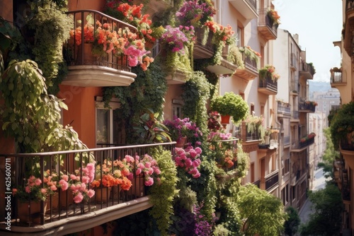 European apartment buildings are adorned with balconies that feature modern facades. These balconies are embellished with beautiful garden flowers, creating a picturesque scene. photo