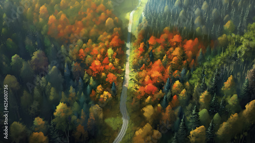 Aerial view of road in forest autumn daytime digital painting by AI