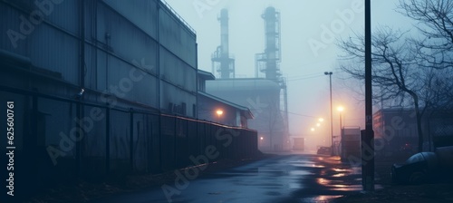 Industrial plant area building on melancholic foggy background. Generative AI technology.