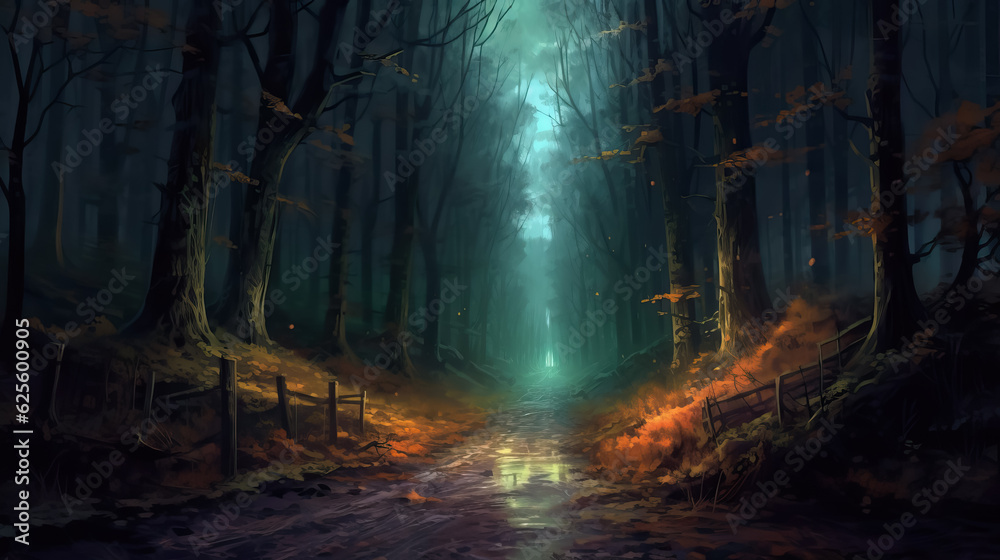 Night road in the forest digital painting by AI