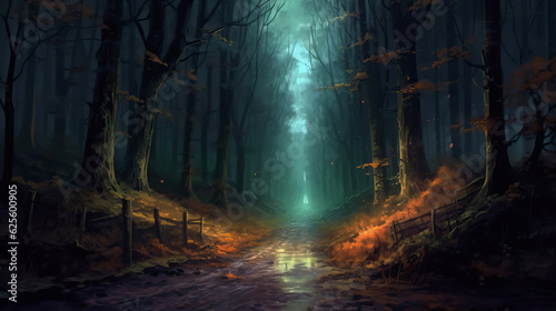 Night road in the forest digital painting by AI