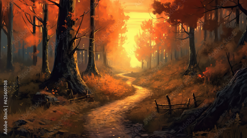 Road in forest. Sunset and golden hour digital painting by AI