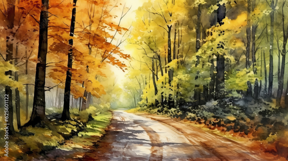 Road in forest in autumn watercolor style by AI