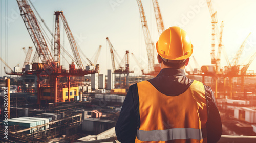 backside of Engineer Technician Watching Team of Workers on High Steel Platform, 