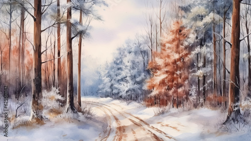 Road in forest in winter watercolor style by AI