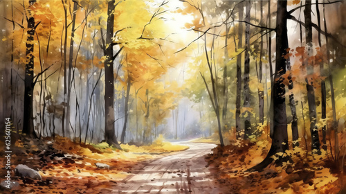 Road in forest in autumn watercolor style by AI