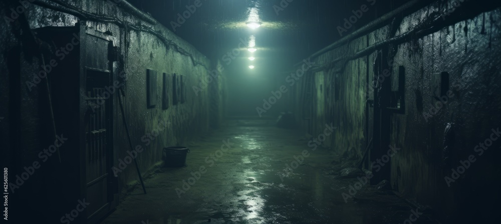 Abandoned underground hallway melancholic dark background. Generative AI technology.
