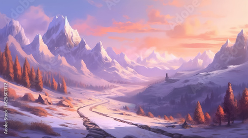 Road in winter mountains evening by AI
