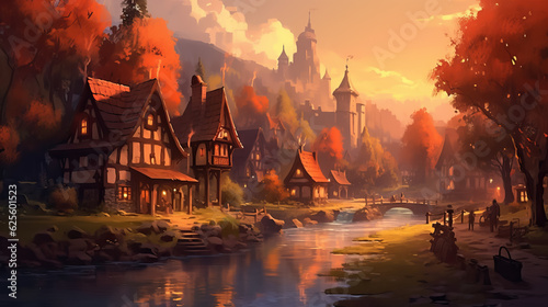 Medieval Village Digital painting by AI