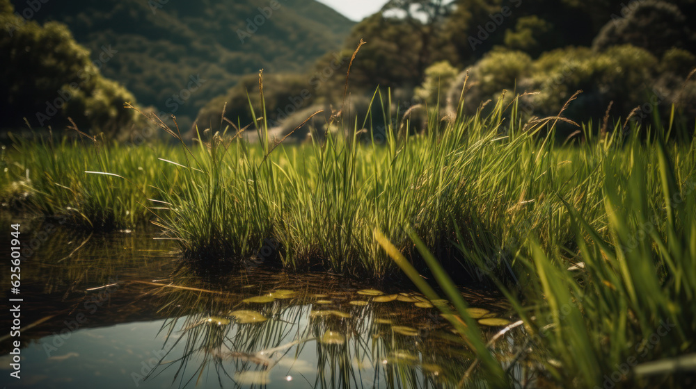 Grassy patch next to lake with mountain reflections. Grassy patch next to lake with mountain reflections.