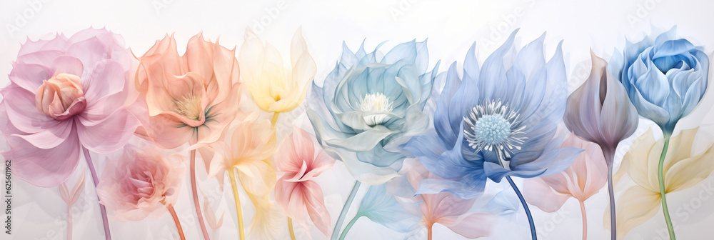 Abstract transparent background with flowers, color overlay, banner. AI generation 