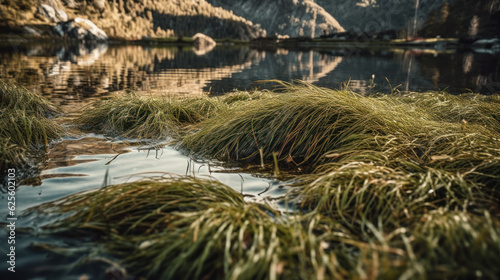 Grassy patch next to lake with mountain reflections.