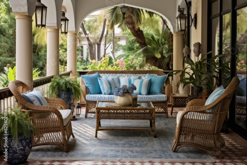 The patio is adorned with a comfortable and attractive arrangement of rattan chairs, a table, and a blue pillow, creating a lovely and inviting outdoor living area for the home.