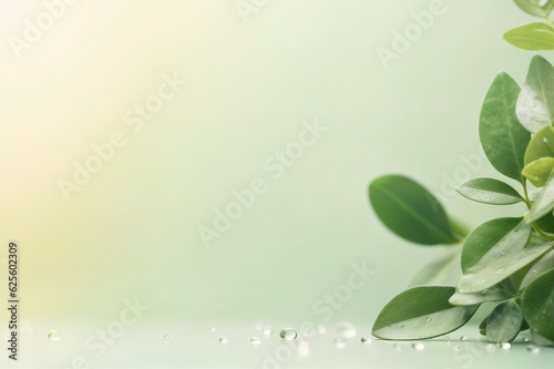 Leaves and water drops on a light green background with copy space for your text.
