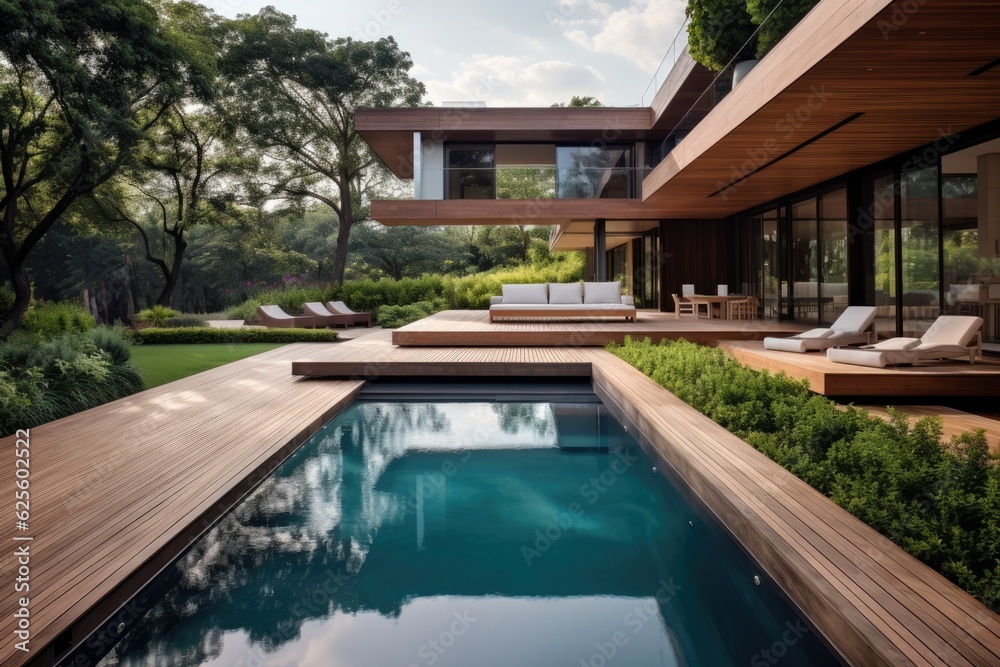 Contemporary home featuring a garden, swimming pool, and a deck made of wood.
