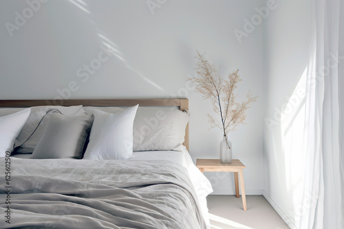 Bedroom interior. White room with natural wooden simplistic Earth tones design. Scandi Boho style with light from the window