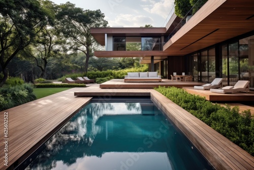 Contemporary home featuring a garden, swimming pool, and a deck made of wood. © 2rogan