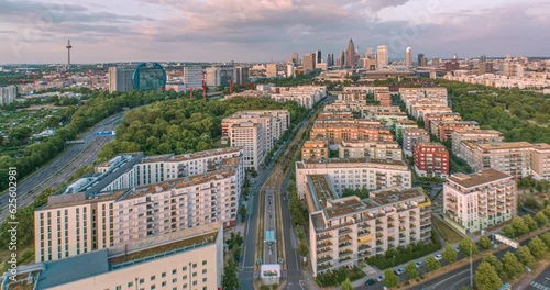 Drone time lapse video from Frankfurt am Main towards Rebstockpark in the evening photo