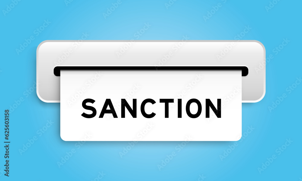 White coupon banner with word sanction from machine on blue color background