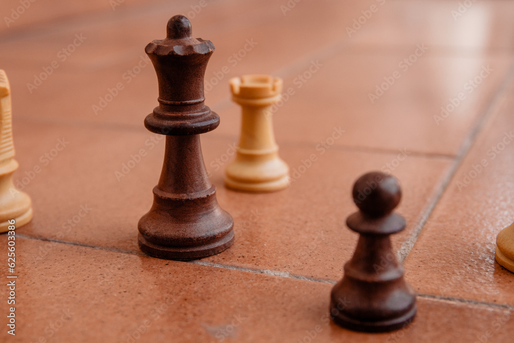 chess pieces outside, close up photos and detailed. isolated focus. rook, king, pawn chess pieces outside, close up photos and detailed. isolated focus. rook, king, pawn