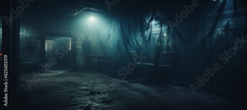 Abandoned spooky horror room building melancholic background. Generative AI technology.