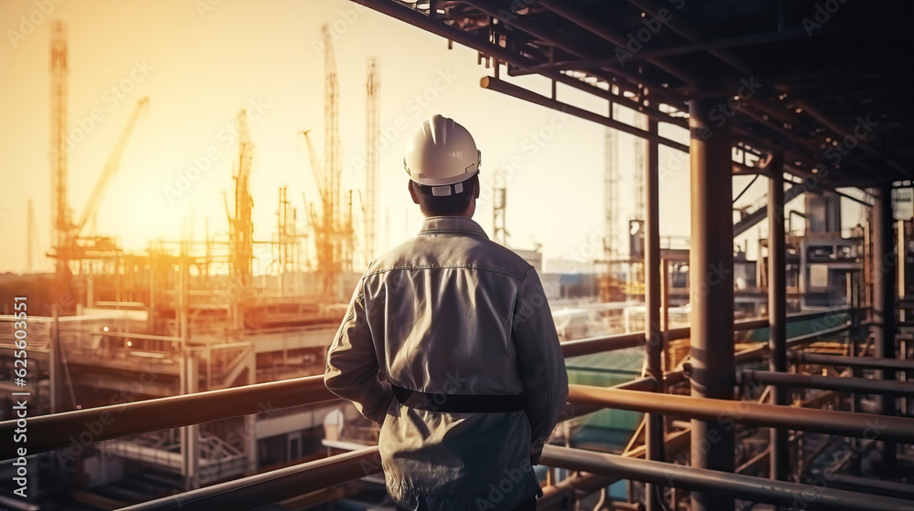 backside of Engineer Technician Watching Team of Workers on High Steel Platform, 