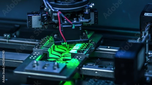 A semiconductor packaging equipment at work. Modern technology and automation. 