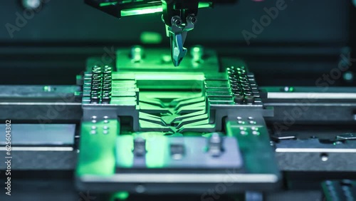 A semiconductor packaging equipment at work. Modern technology and automation. 