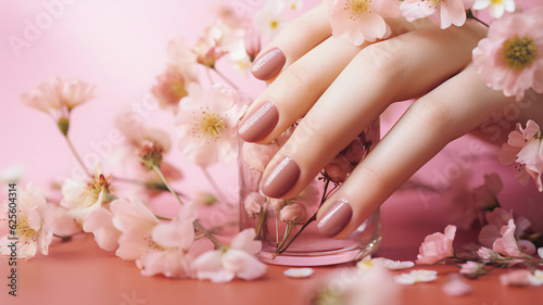 Female hand, manicure, pink background, beautification saloon.