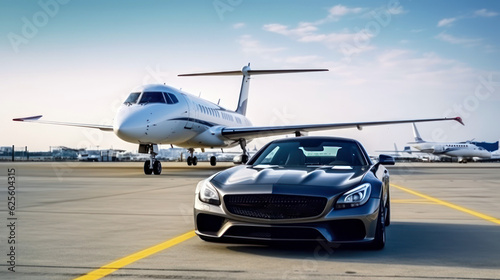 Business class transfer service at the airport. Private executive airplane and luxury car, Airport shuttle.  © Rawf8