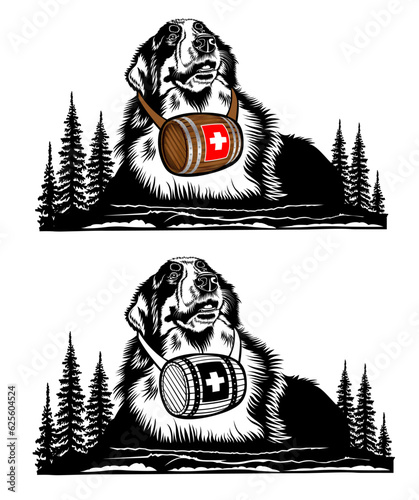 Rescue dog with barrel on the neck between mountain and forest isolated on white, black and white illustration