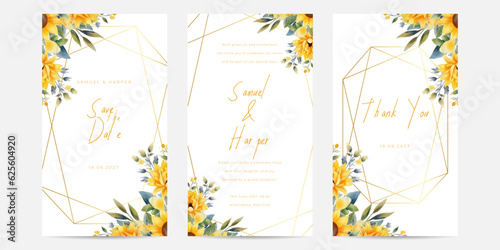 Rustic wedding card. Arrangement of yellow sunflowers and leaves at corner frame hand painting on wedding invitation card