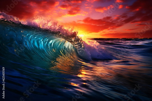 Sunset in the waves. Generative AI