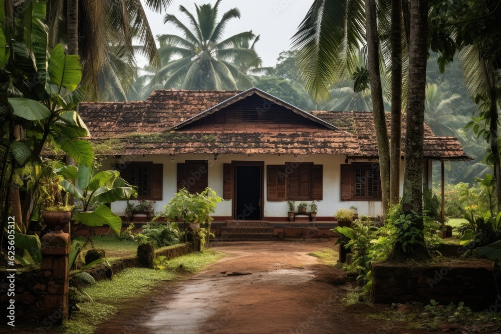 A vintage house from rural Kerala, in the traditional style of southern India.