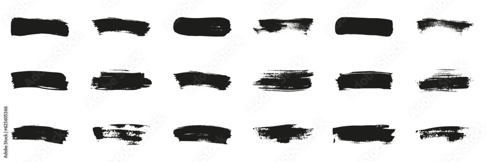 Splatter in Rectangle Shape Set. Paintbrush Splash, Brushstroke Black Grunge Texture. Brush Stroke Paint Stencil. Abstract Design Element on White Background. Isolated Vector Illustration
