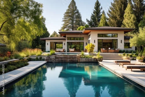 A custom designed residence in Menlo Park featuring a pool in the backyard.