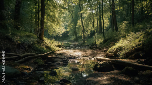 Green forest in sunlight with forest stream.