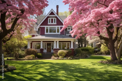 In the springtime, there is a suburban Midwestern house that offers a picturesque view. The house boasts a well maintained yard adorned with vibrant redwood and dogwood trees. photo