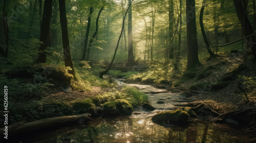 Green forest in sunlight with forest stream.