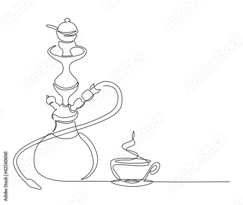 Continuous one line drawing of hookah and a cup coffee, tobacco smoking equiptment. simple sheesha outline vector illustration.